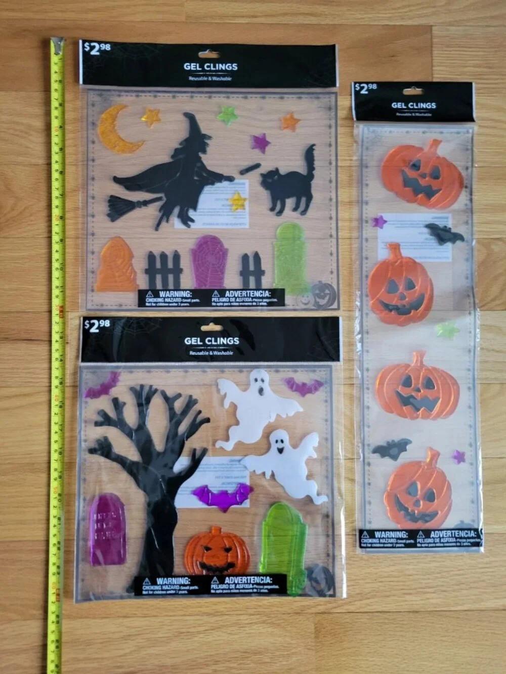 3 Pack Halloween Window Gel Clings: 33 Count PUMPKINS CATS GHOST Decorations NEW